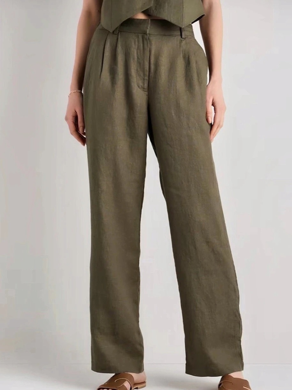 Quince 100% European Linen Pleated Trouser Wide Leg Pants Green Size 16